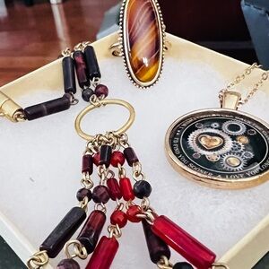 Avon Ring  and Burgundy Beaded Fringe Necklace with Gold Accents and pendent.